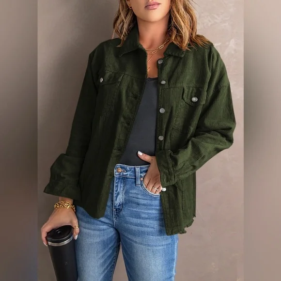Raw Hem Button Front Corduroy Jacket